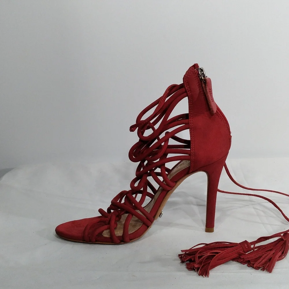 SCHUTZ Valquis Red Nubuck Leather Laced Caged Stiletto Heeled Sandals w/… - Picture 6 of 11